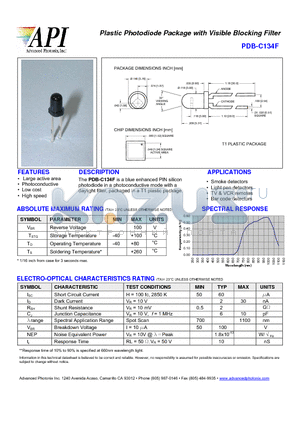 PDB-C134F datasheet - Plastic Photodiode Package with Visible Blocking Filter