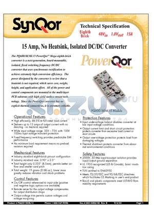 PQ60018EML15NRS datasheet - 15 Amp, No Heatsink, Isolated DC/DC Converter