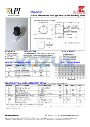 PDB-C139F datasheet - Plastic Photodiode Package with Visible Blocking Filter