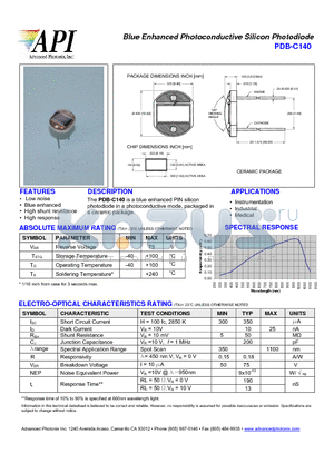 PDB-C140 datasheet - Blue Enhanced Photoconductive Silicon Photodiode