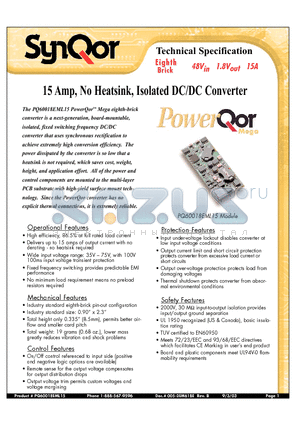 PQ60018EML15PYS datasheet - 15 Amp, No Heatsink, Isolated DC/DC Converter