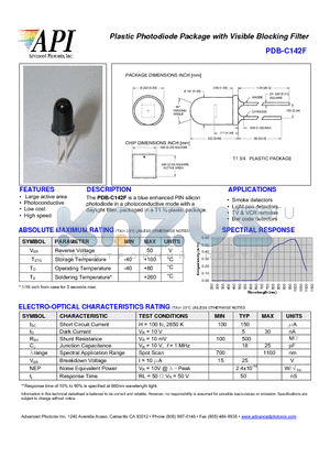 PDB-C142F datasheet - Plastic Photodiode Package with Visible Blocking Filter
