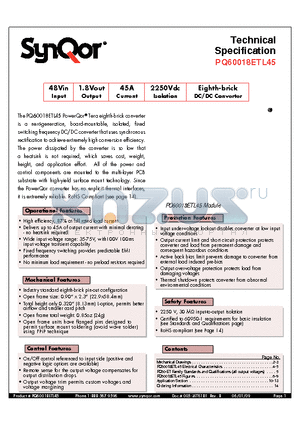 PQ60018ETA45NKS datasheet - Eighth-brick DC/DC Converter