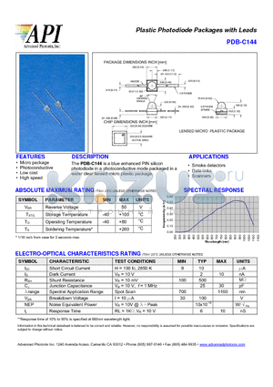 PDB-C144 datasheet - Plastic Photodiode Packages with Leads