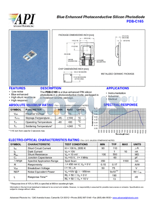 PDB-C165 datasheet - Blue Enhanced Photoconductive Silicon Photodiode