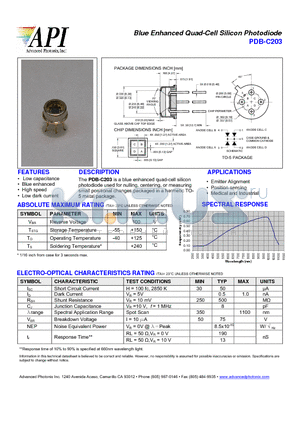 PDB-C203 datasheet - Blue Enhanced Quad-Cell Silicon Photodiode