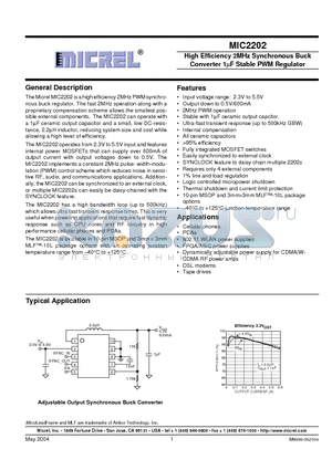 MIC2202 datasheet - HIGH EFFICIENCY 2MHZ SYNCHRONOUS BUCK CONVERTER 1UP STABLE PWM REGULATOR