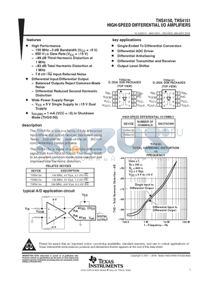 THS4150 datasheet - HIGH-SPEED DIFFERENTIAL I/O AMPLIFIERS