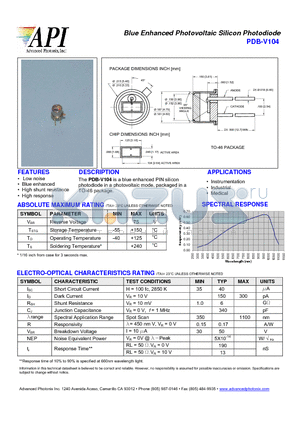 PDB-V104 datasheet - Blue Enhanced Photovoltaic Silicon Photodiode