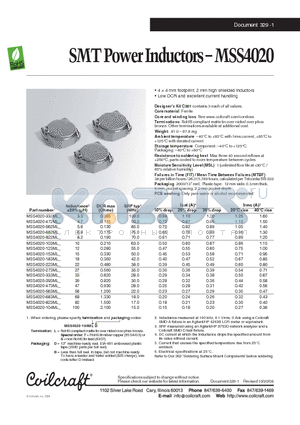 MSS4020-104ML datasheet - SMT Power Inductors