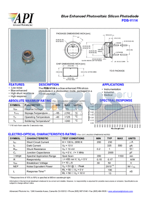 PDB-V114 datasheet - Blue Enhanced Photovoltaic Silicon Photodiode