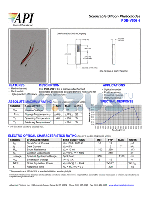 PDB-V601-1 datasheet - Solderable Silicon Photodiodes