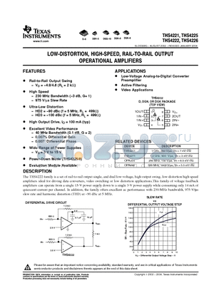 THS4221 datasheet - LOW-DISTORTION, HIGH-SPEED, RAIL-TO-RAIL OUTPUT OPERATIONAL AMPLIFIERS