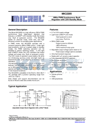 MIC2205-1.5YML datasheet - 2MHz PWM Synchronous Buck Regulator with LDO Standby Mode