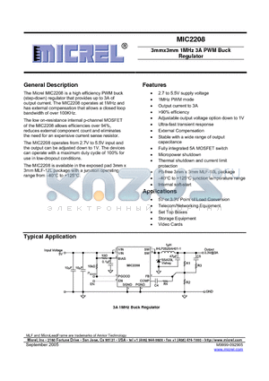 MIC2208YML datasheet - 3mmx3mm 1MHz 3A PWM Buck Regulator