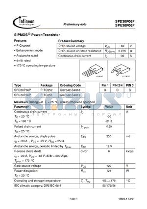 SPU30P06P datasheet - SIPMOS Power-Transistor
