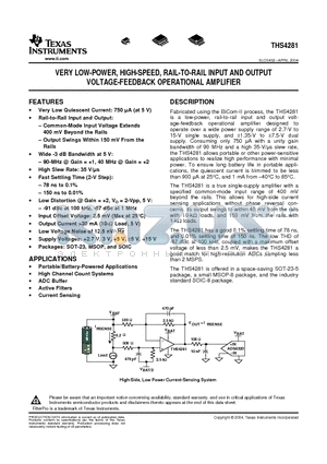 THS4281DBVT datasheet - VERY LOW-POWER, HIGH-SPEED, RAIL-TO-RAIL INPUT AND OUTPUT VOLTAGE-FEEDBACK OPERATIONAL AMPLIFIER