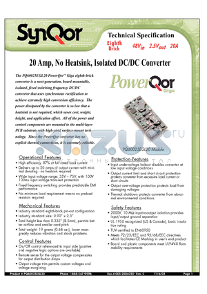 PQ60025EGL20 datasheet - 20 Amp, No Heatsink, Isolated DC/DC Converter