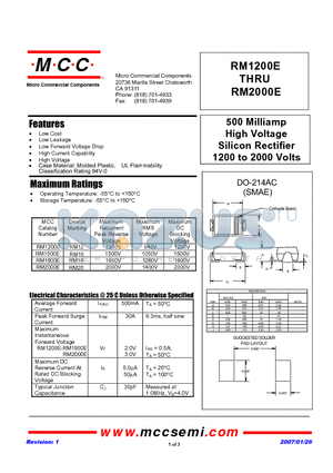 RM20 datasheet - 500 Milliamp High Voltage Silicon Rectifier 1200 to 2000 Volts