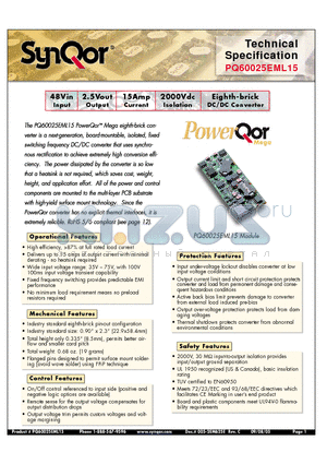 PQ60025EML15NRA datasheet - Eighth-brick DC/DC Converter