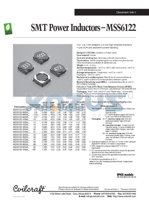 MSS6122 datasheet - SMT Power Inductors