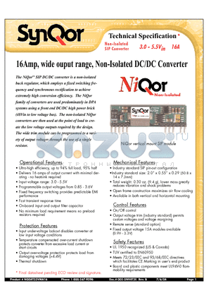 NQ04T33VMA16NVS datasheet - 16Amp, wide ouput range, Non-Isolated DC/DC Converter