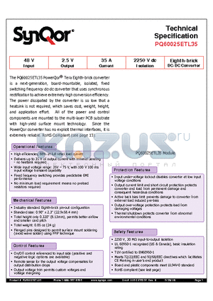 PQ60025ETL35NYS datasheet - Eighth-brick DC-DC Converter