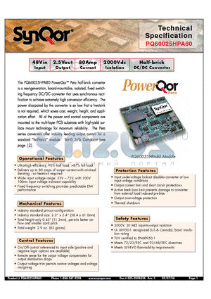 PQ60025HPA80NNF datasheet - Half-brick DC/DC Converter