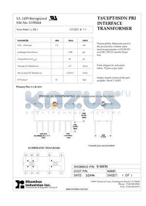 T-10151 datasheet - T1/CEPT/ISDN PRI INTERFACE TRANSFORMER