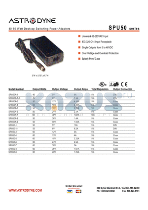 SPU50 datasheet - 40-60 Watt Desktop Switching Power Adapters