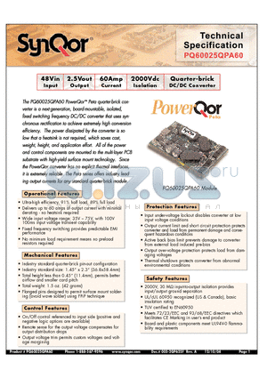 PQ60025QPA60NR2 datasheet - Quarter-brick DC/DC Converter