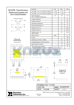 T-1016G datasheet - RADSL Transformer