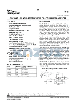 THS4511RGTR datasheet - WIDEBAND, LOW NOISE, LOW DISTORTION FULLY DIFFERENTIAL AMPLIFIER