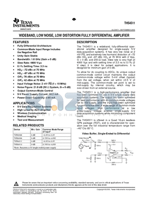 THS4511RGTT datasheet - WIDEBAND, LOW NOISE, LOW DISTORTION FULLY DIFFERENTIAL AMPLIFIER