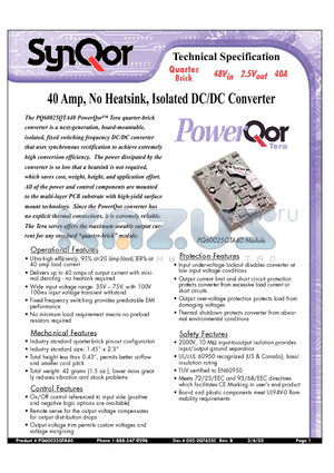 PQ60025QTA40NY2 datasheet - 40 Amp, No Heatsink, Isolated DC/DC Converter