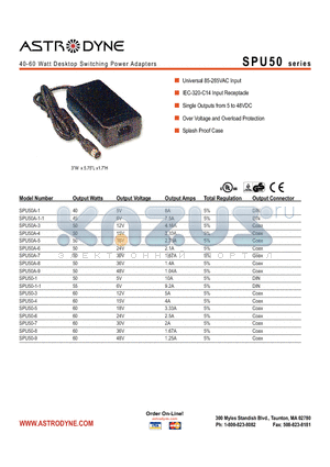 SPU50A-1 datasheet - 40-60 Watt Desktop Switching Power Adapters