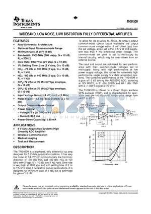 THS4509 datasheet - WIDEBAND, LOW NOISE, LOW DISTORTION FULLY DIFFERENTIAL AMPLIFIER