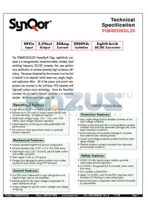 PQ60033EGA20PNS datasheet - Eighth-brick DC/DC Converter