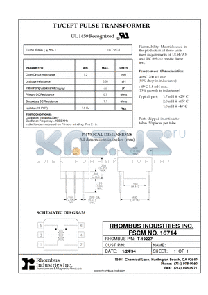 T-10227 datasheet - T1/CEPT PULSE TRANSFORMER