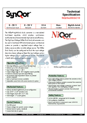 NQ20T20EGC10NYC-G datasheet - Eighth-brick DC-DC Converter