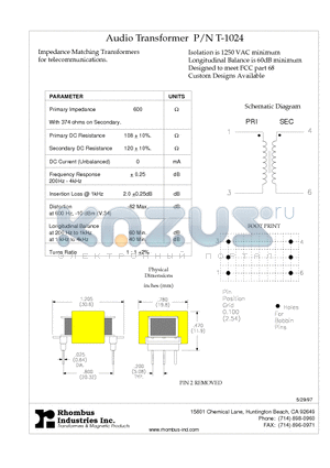 T-1024 datasheet - Audio Transformer