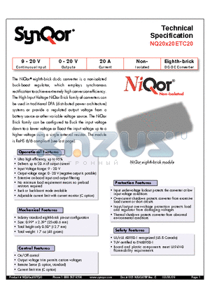 NQ20T20ETC20NKC-G datasheet - Eighth-brick DC-DC Converter