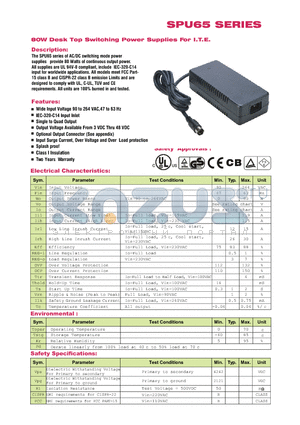 SPU65-102 datasheet - 80W Desk Top Switching Power Supplies For I.T.E.