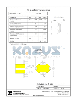 T-1026 datasheet - U Interface Transformer