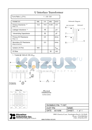 T-1027 datasheet - U Interface Transformer