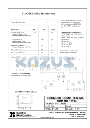 T-10303 datasheet - T1/CEPT Pulse Transformer