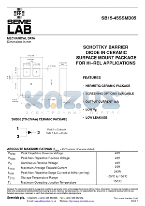 SB15-45SSMD05 datasheet - SCHOTTKY BARRIER DIODE IN CERAMIC