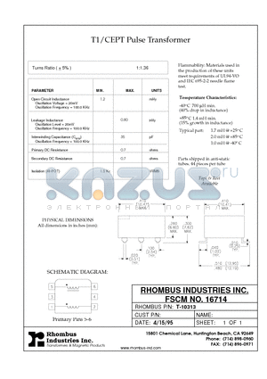 T-10313 datasheet - T1/CEPT Pulse Transformer