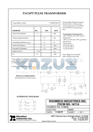 T-10319 datasheet - T1/CEPT PULSE TRANSFORMER