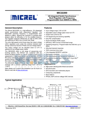 MIC22200 datasheet - 2A Integrated Switch Synchronous Buck Regulator with Frequency Programmable from 800kHz to 4MHz